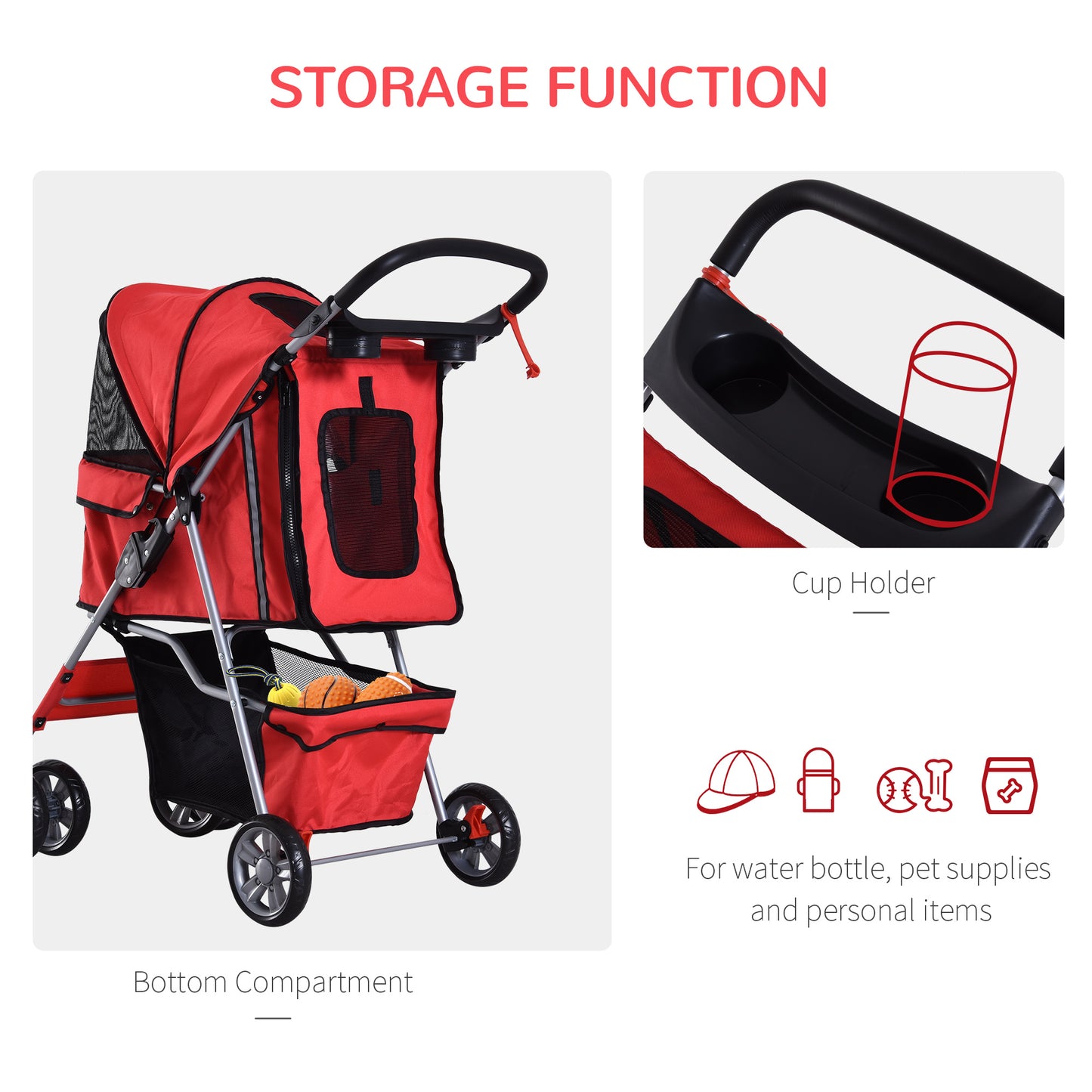 PawHut Dog Stroller with Rain Cover for Small Miniature Dogs, Folding Pet Pram with Cup Holder, Storage Basket, Reflective Strips, Red