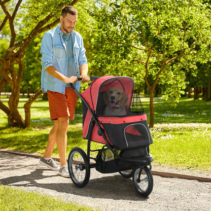 PawHut Pet Stroller Jogger for Medium, Small Dogs, Foldable Cat Pram Dog Pushchair w/ Adjustable Canopy, 3 Big Wheels - Red