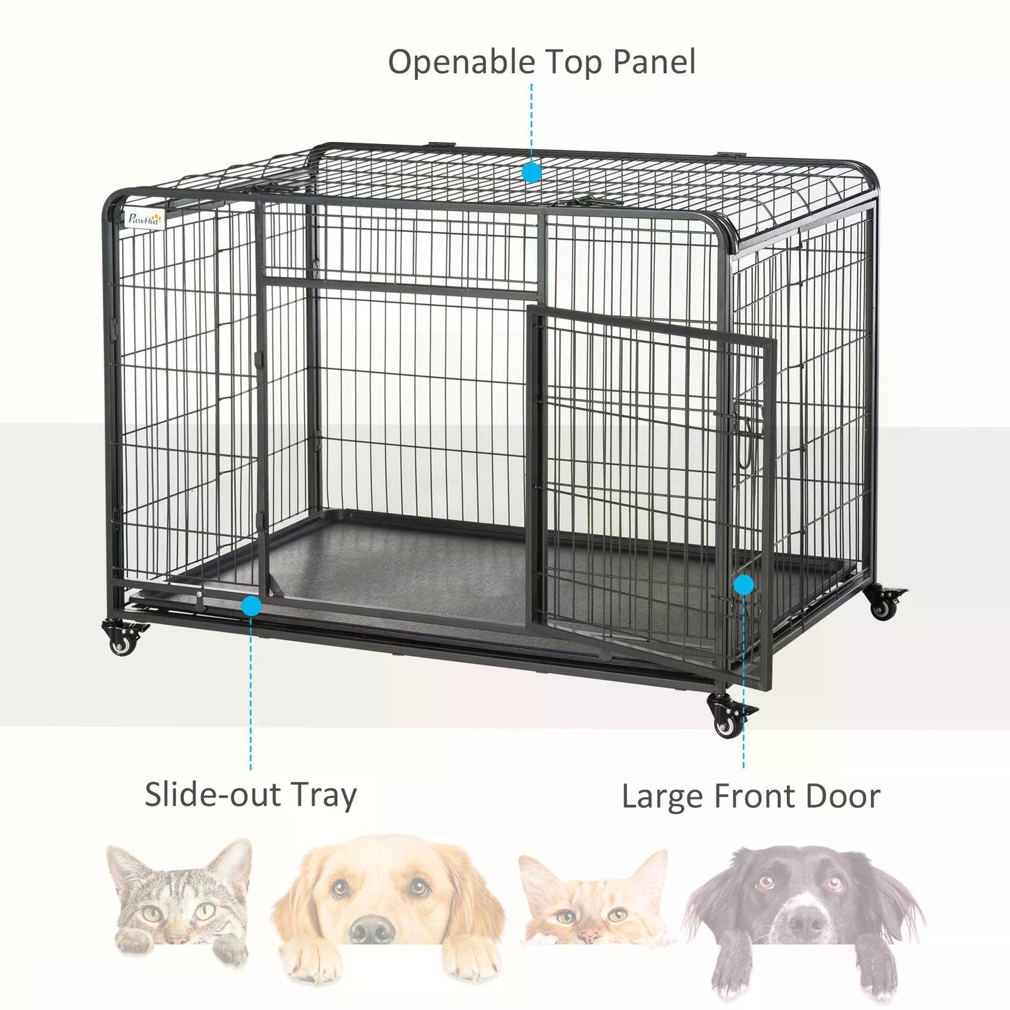 PawHut Heavy Duty Dog Crates Foldable Doge Kennel and Dog Cage Pet Playpen with Double Doors Removable Tray Lockable Wheels 125cm x 76cm x 81cm.