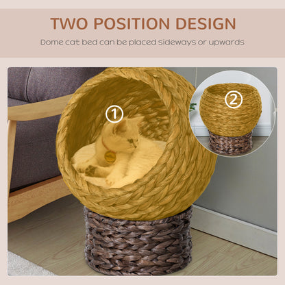 PawHut Wicker Cat Bed, Raised Rattan Cat Basket with Cylindrical Base, Soft Washable Cushion, 42 x 33 x 52cm - Brown