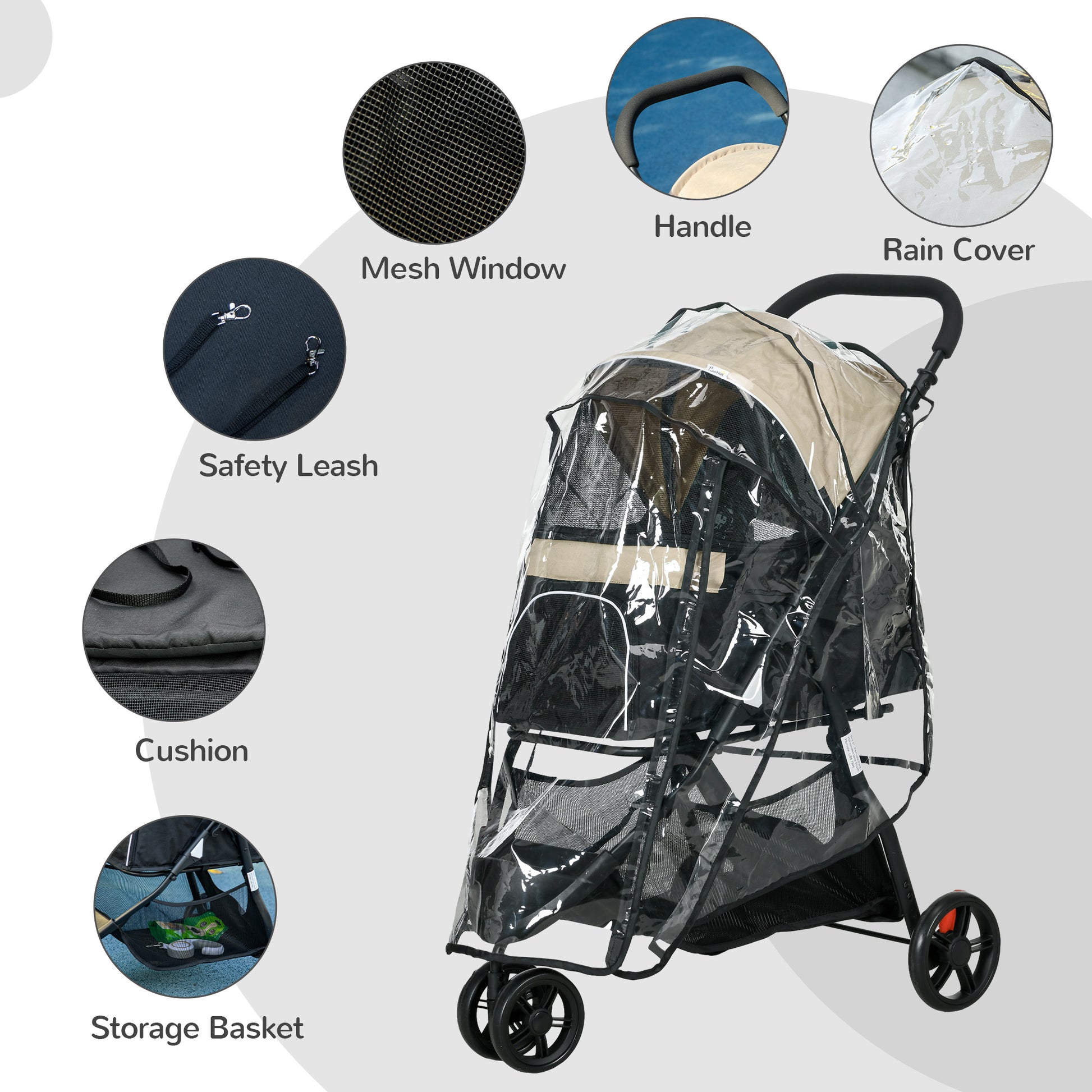 PawHut Foldable Pet Stroller with Rain Cover for XS and S-Sized Dogs Khaki