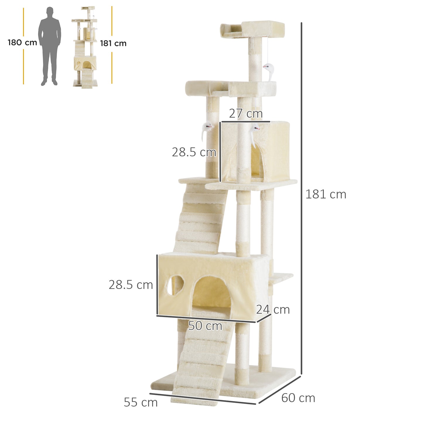 PawHut Cat Tower Centre Sisal Kitten Tree Scratch Scratcher Scratching Post Toy Climbing Tree Bed Multi Level 181cm(H)