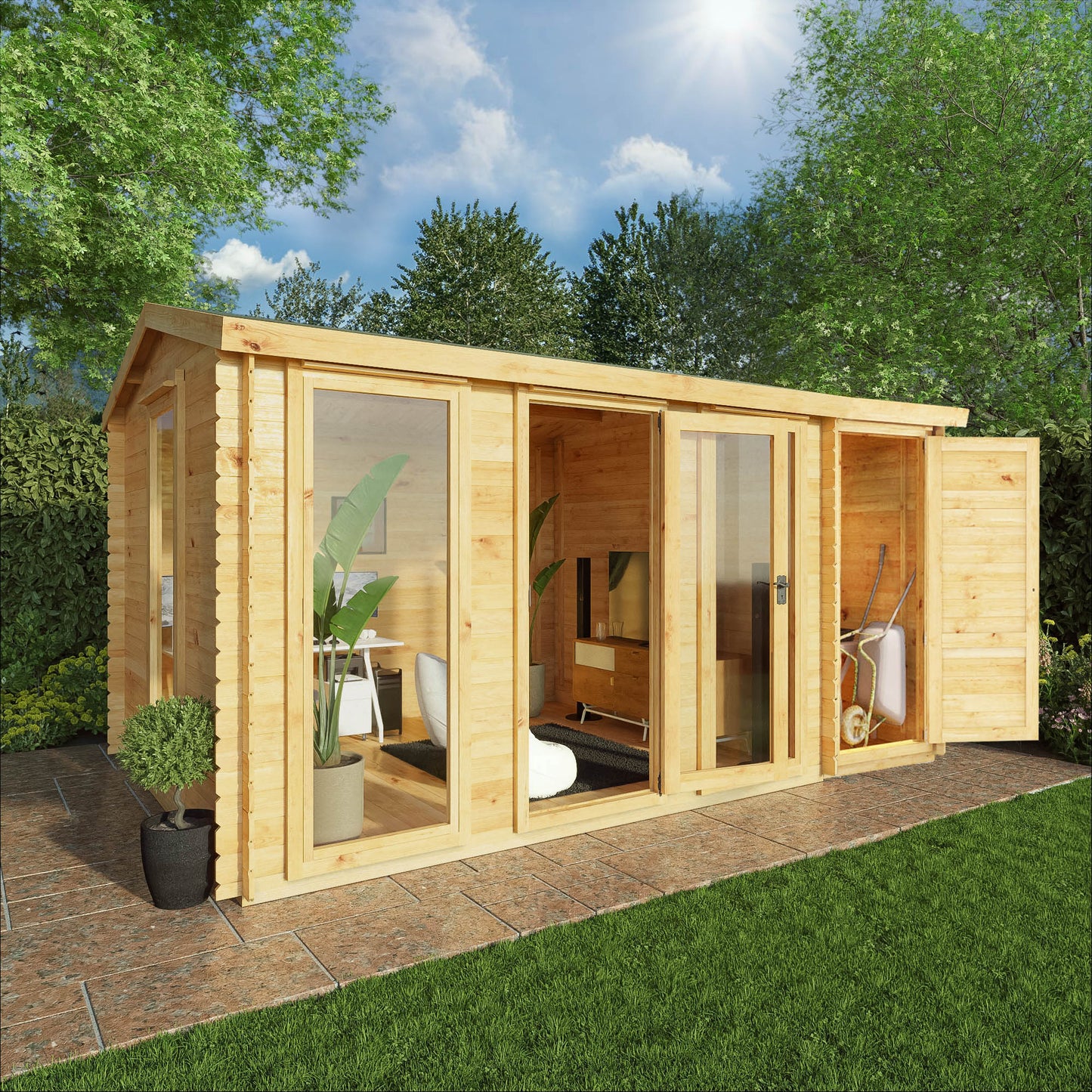 4.6M X 3M Reverse Apex Log Cabin With Side Shed - 19Mm