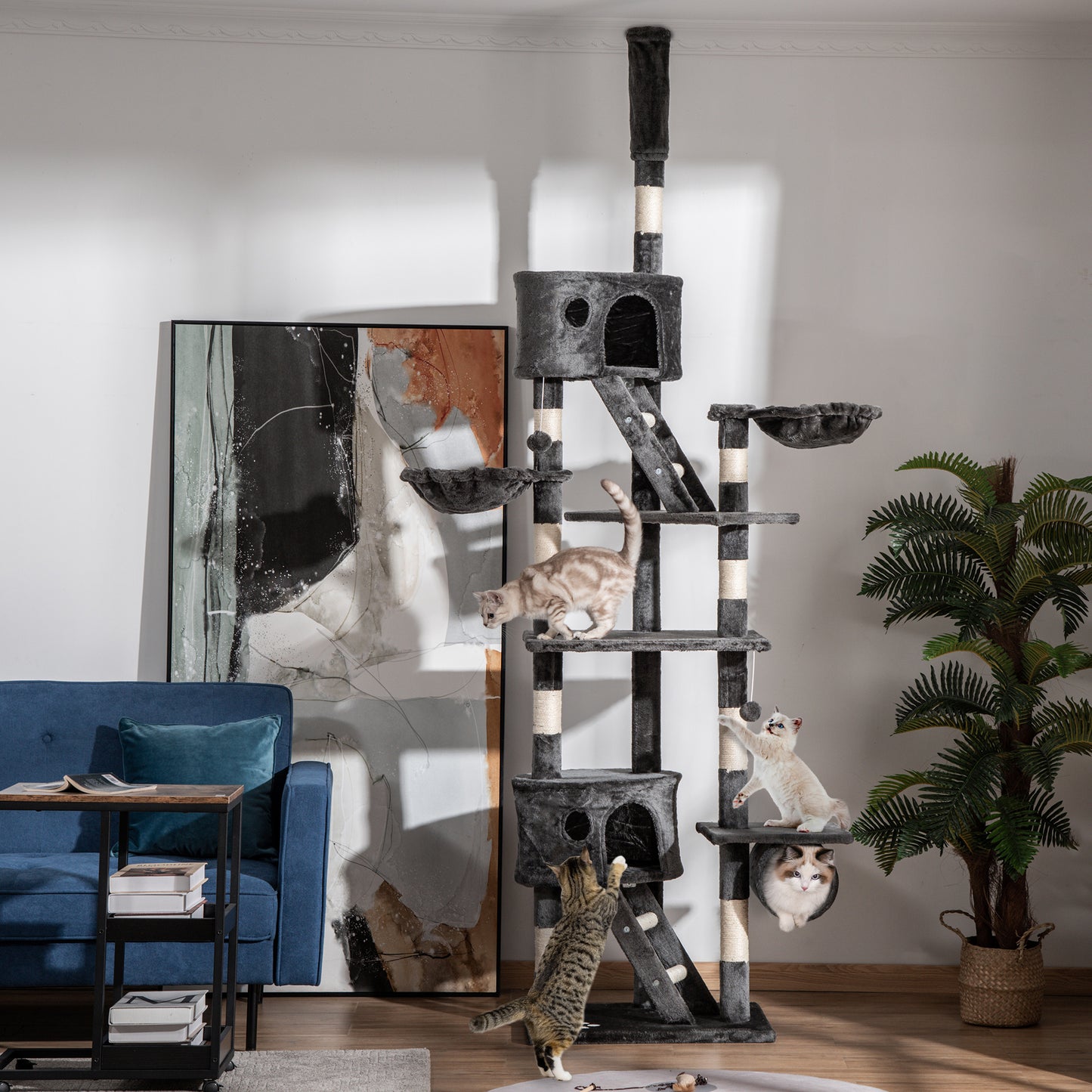 PawHut Floor to Ceiling Cat Tree for Indoor Cats 240-260cm Adjustable Height Dark Grey