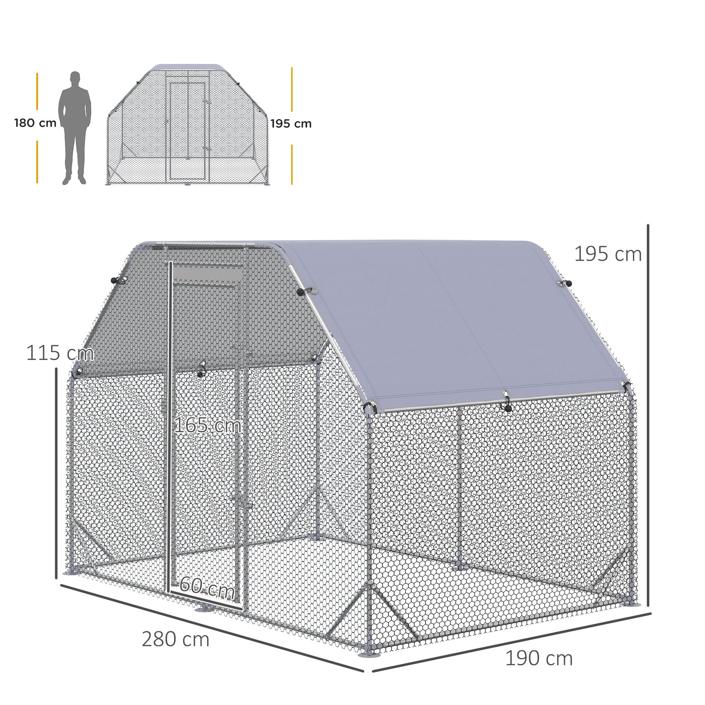 PawHut Chicken Run with Roof, Walk In Chicken Coop for 4-6 Chickens, Hen House Duck Pen Outdoor, 280x190x195 cm