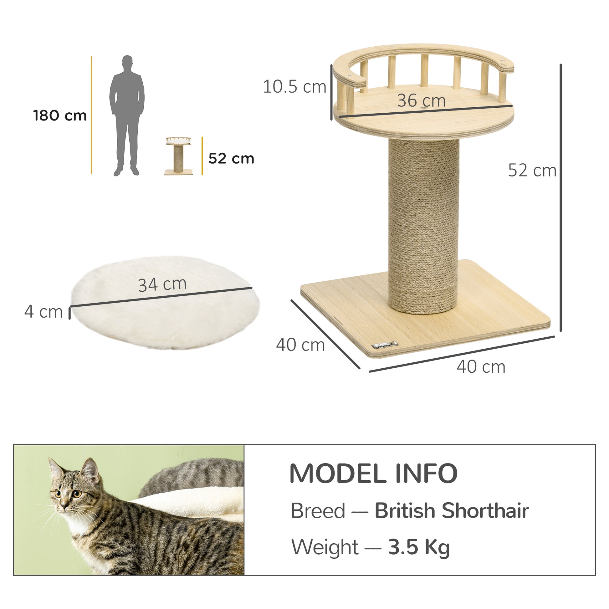 PawHut 52cm Cat Tree, Kitty Activity Center with Cat Bed, Cat Tower with Bold Jute Scratching Post, Natural