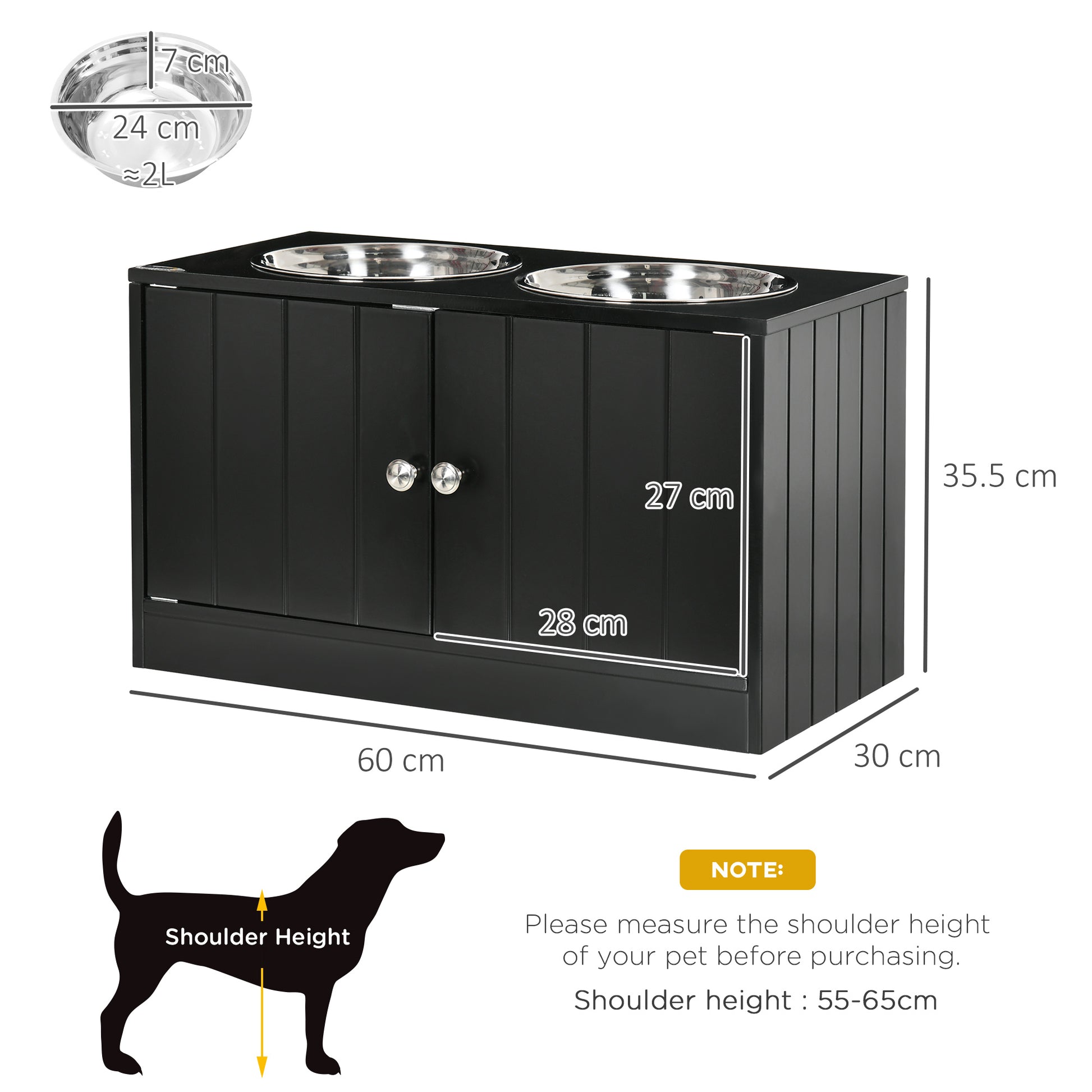 PawHut Raised Dog Bowls for Large Dogs Pet Feeding Station with Stand, Storage, 2 Stainless Steel Food and Water Bowls, Black, 60 x 30 x 35.5 cm