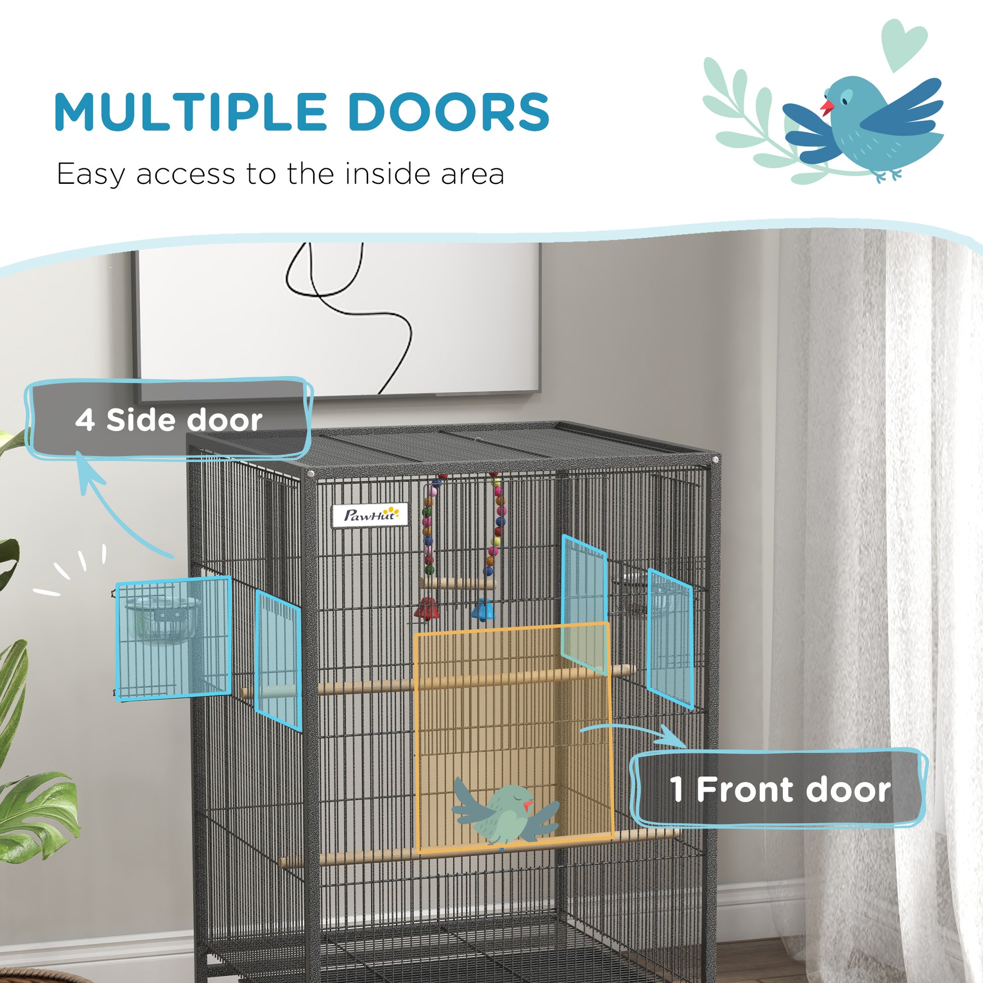 PawHut Bird Cage, Budgie Cage, with Rolling Stand, for Small Birds - Grey