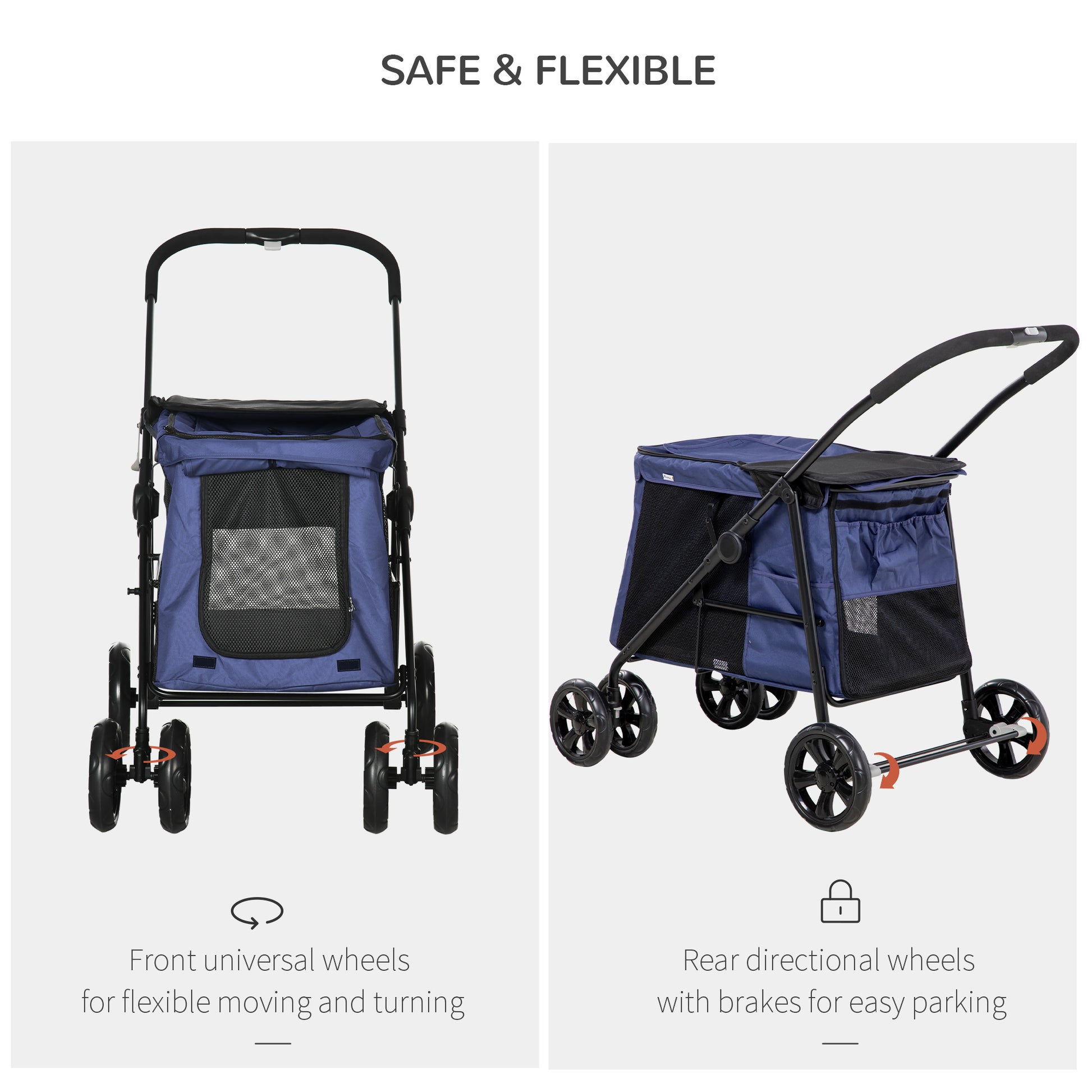 PawHut One-Click Foldable Dog Pushchair w/ EVA Wheels, Storage Bags, Mesh Windows, Doors, Safety Leash, Cushion, for Small Pets - Dark Blue