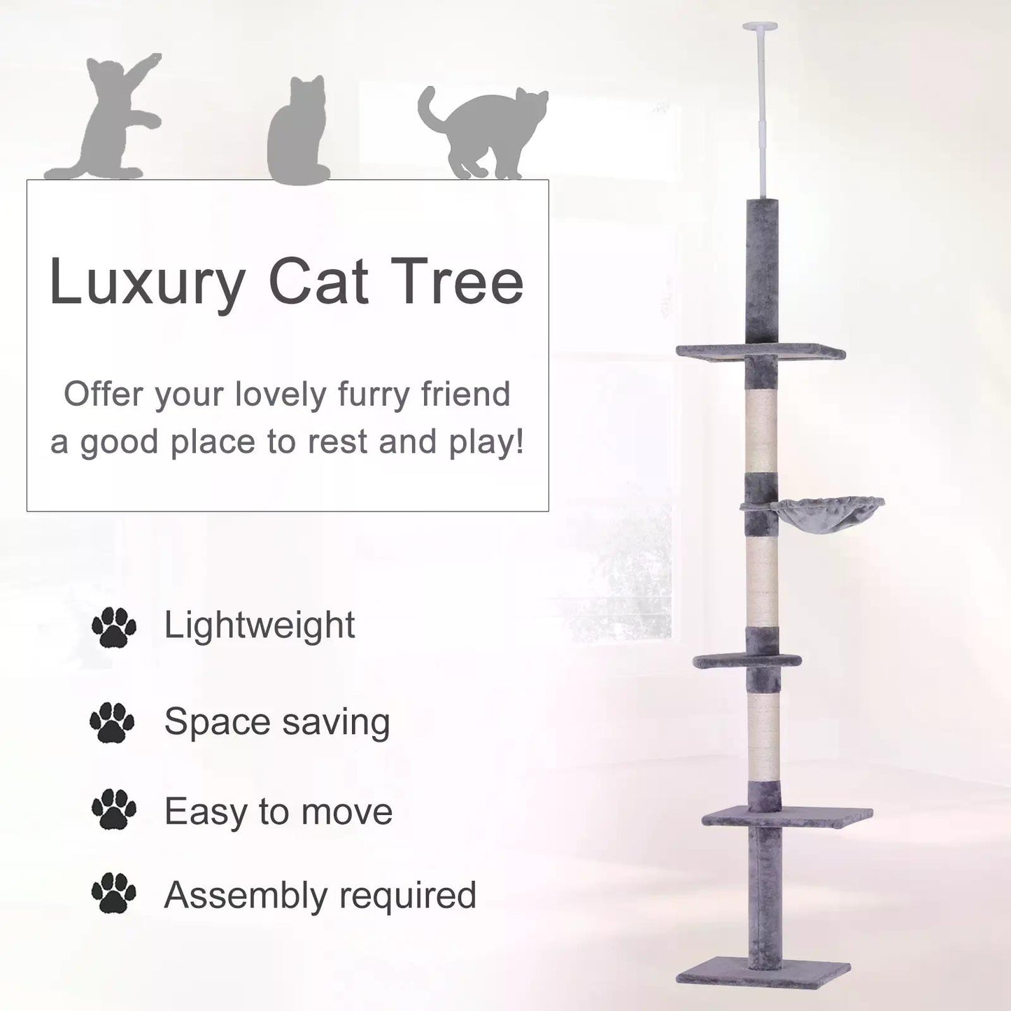 PawHut Cats Floor to Ceiling Scratching Post w/ 5-Tier Plush Leisure Platforms Grey