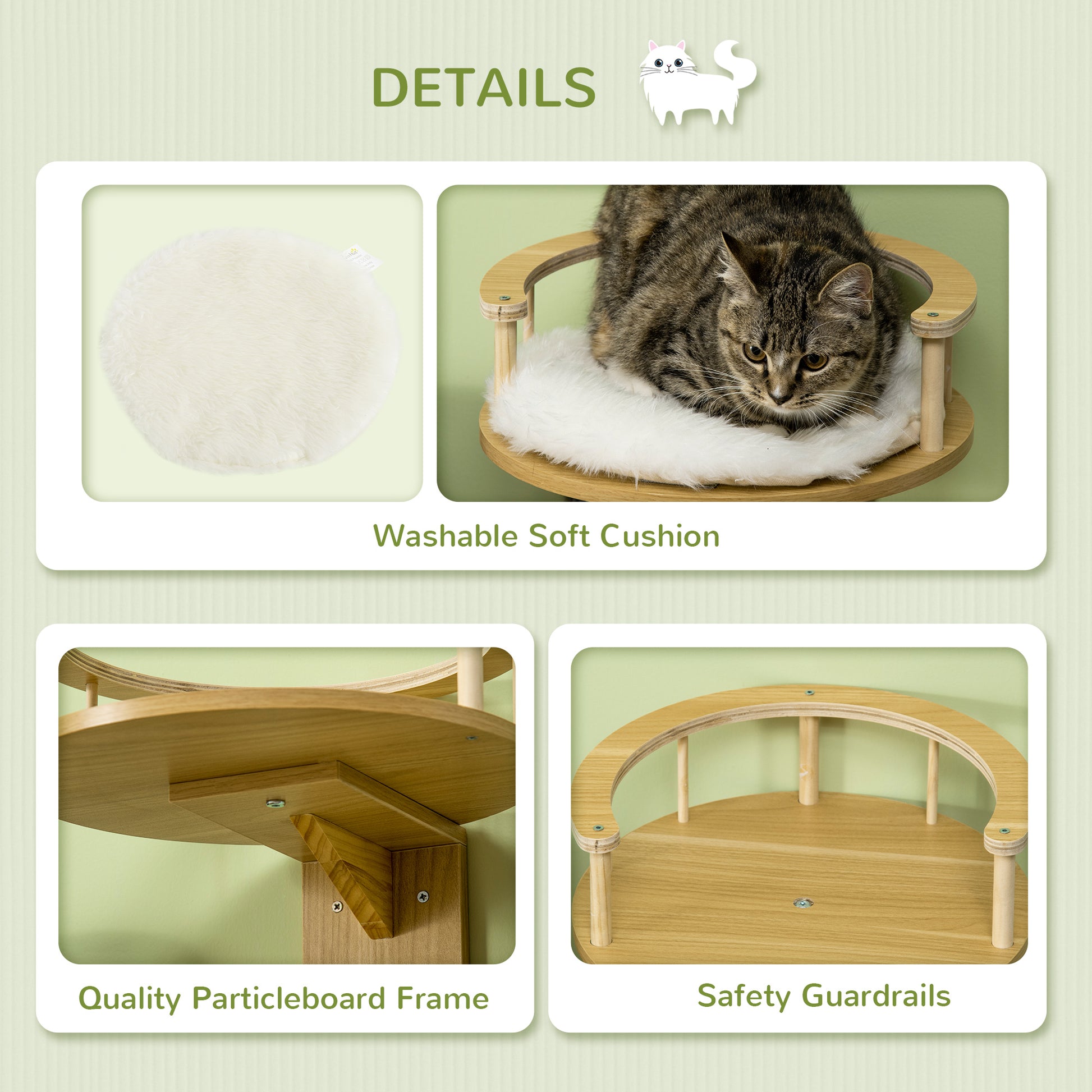 PawHut Cat Shelf Wall Mounted Cat Tree Kitten Bed Cat Perch with Cushion, Guardrails for Indoor Cats, 34 x 34 x 10.5 cm, Beige