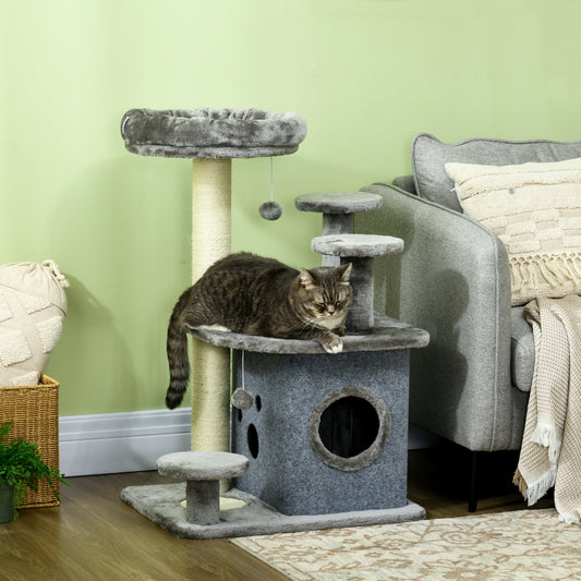 PawHut 92cm Cat Tree for Indoor Cats with Scratching Posts, Cat Tower with House, Bed, Perches, Scratching Mat, Toy, Grey