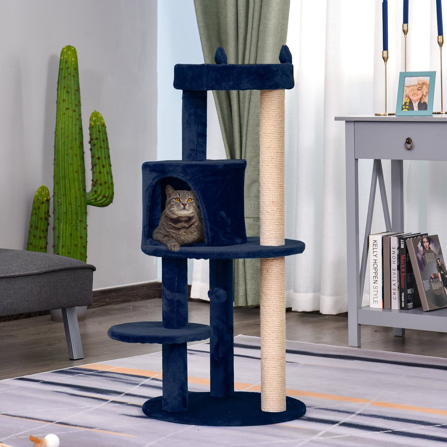 PawHut Cats 3-Tier Sisal Rope Scratching Post w/ Dangle Toy Blue