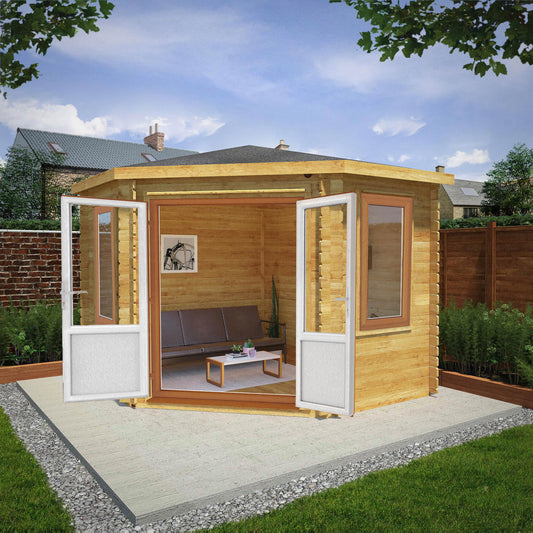 3M X 3M Corner Cabin - 44Mm (Upvc Windows & Door) - Oak