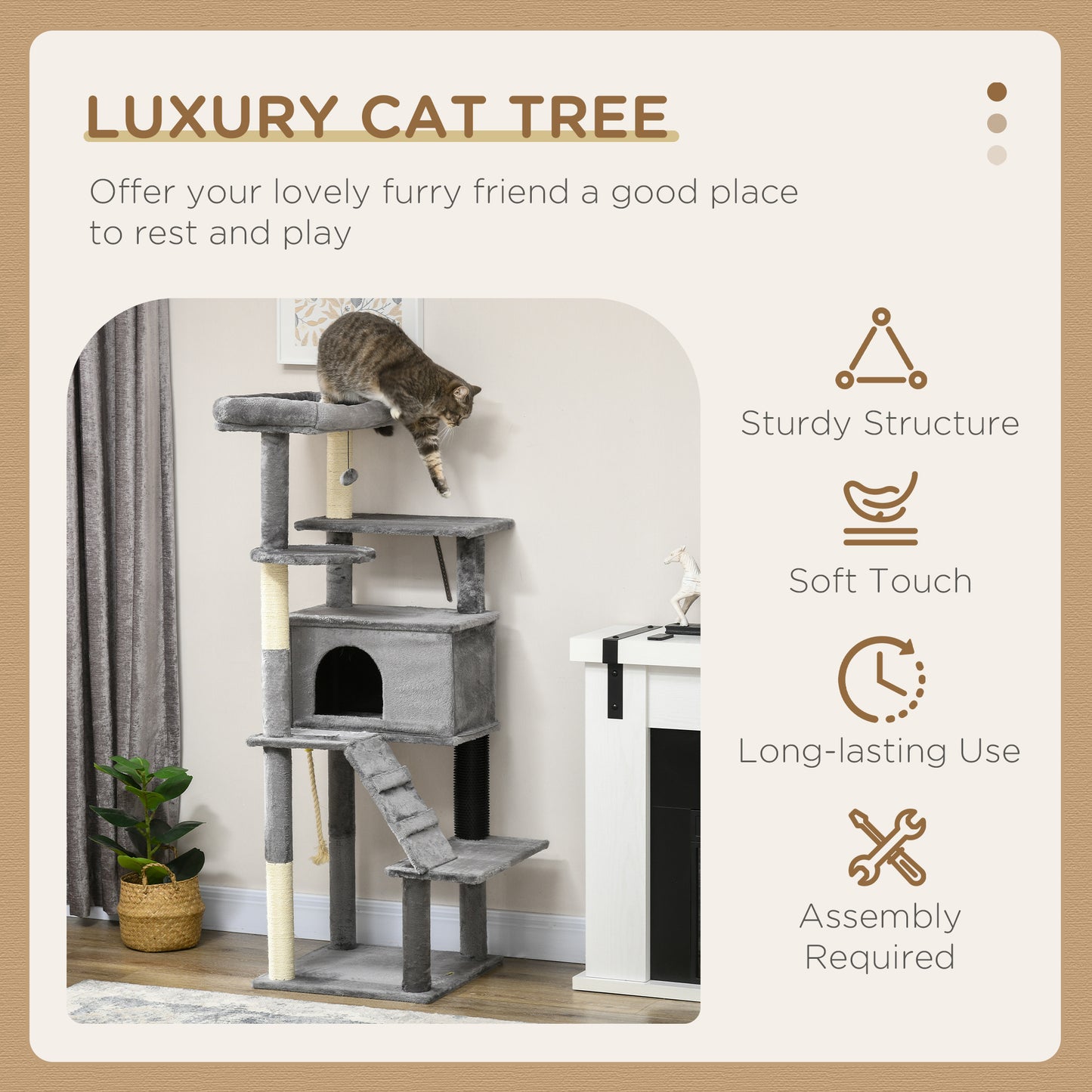 PawHut Cat Tree Tower for Indoor Cats, with Scratching Post, Cat House, Toy, Grey