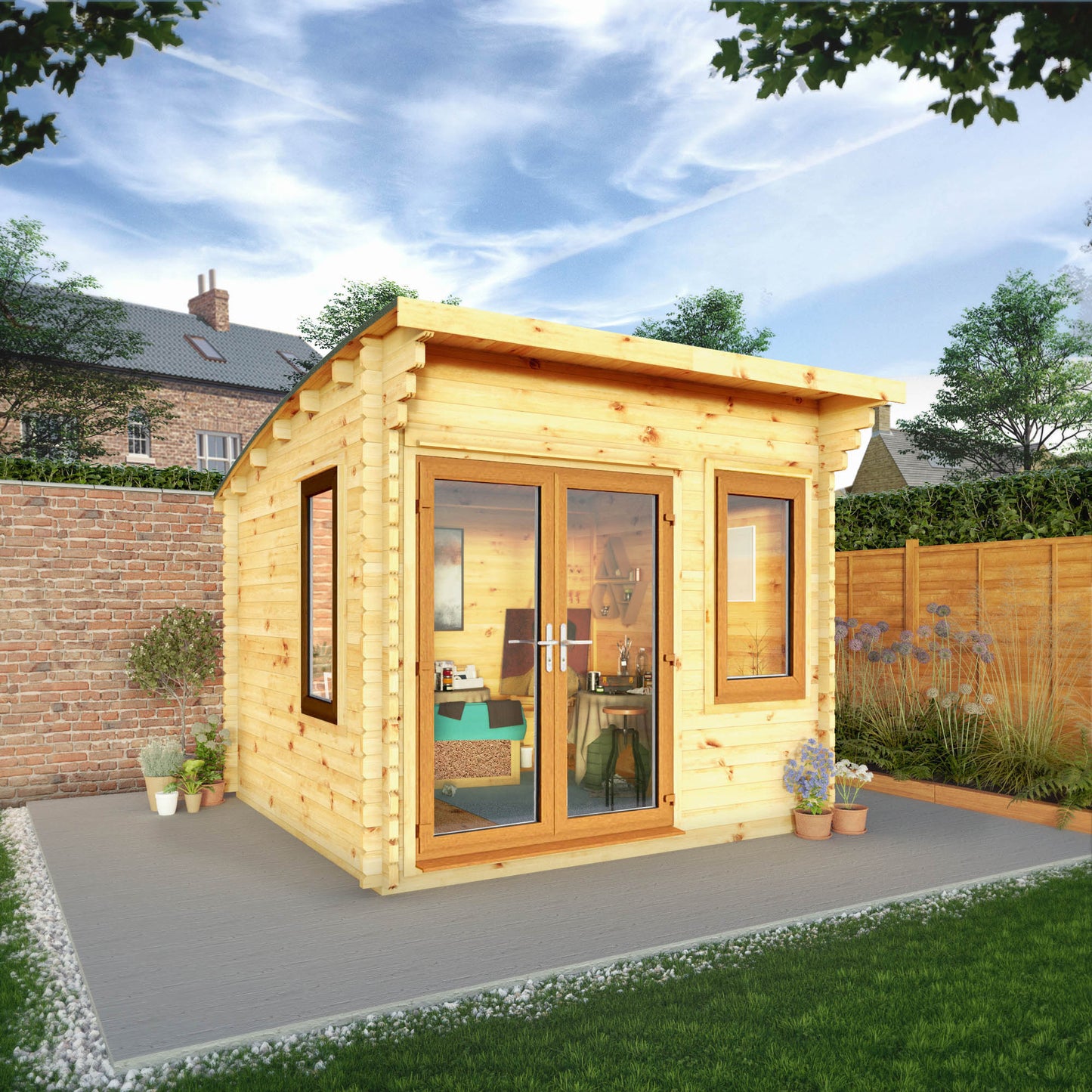 3M X 3M Curved Roof Log Cabin - 44Mm (Upvc Windows & Door) - Oak