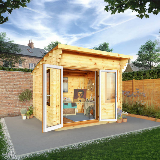 3M X 3M Curved Roof Log Cabin - 44Mm (Upvc Windows & Door) - Oak