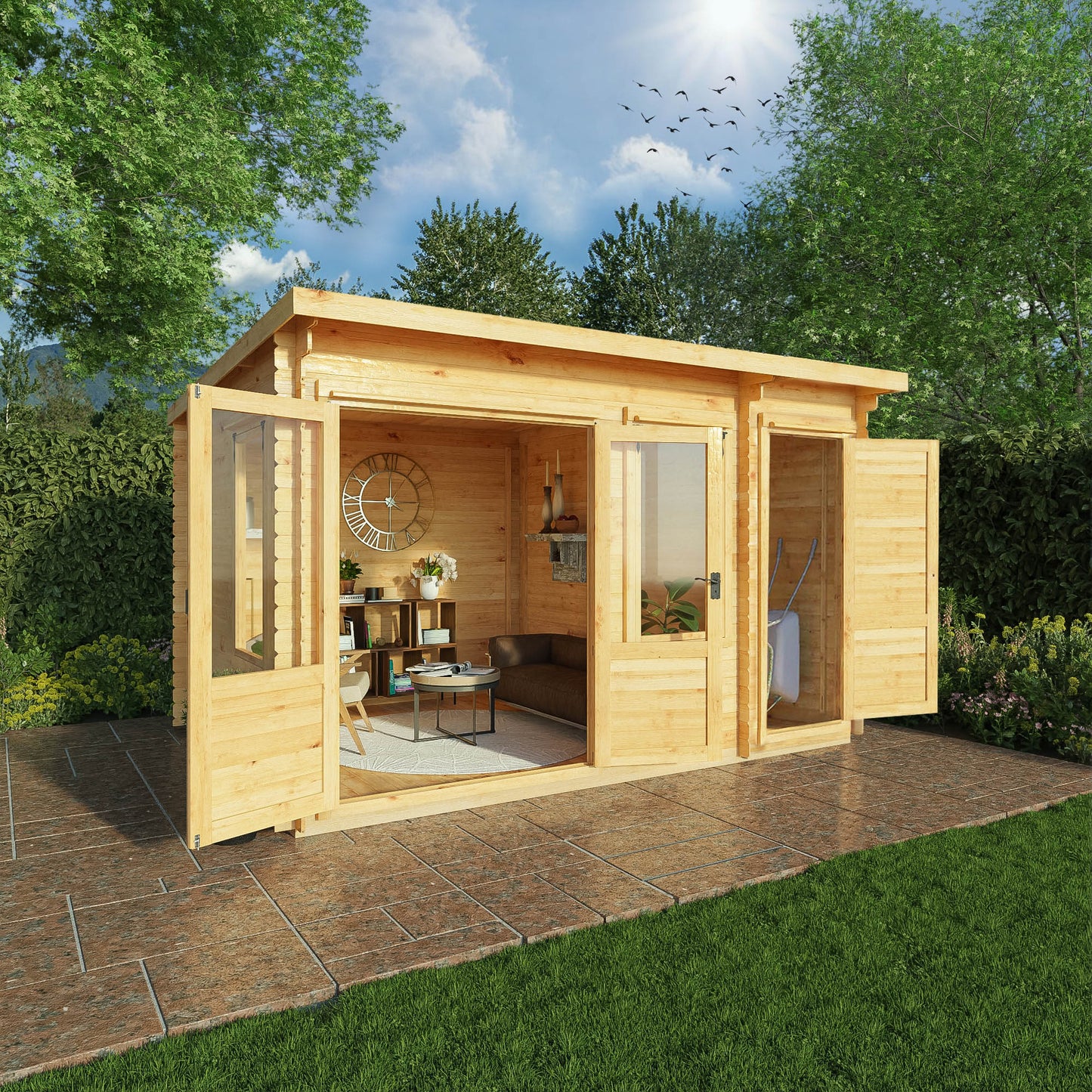 4.1M X 3M Pent Log Cabin With Side Shed - 19Mm