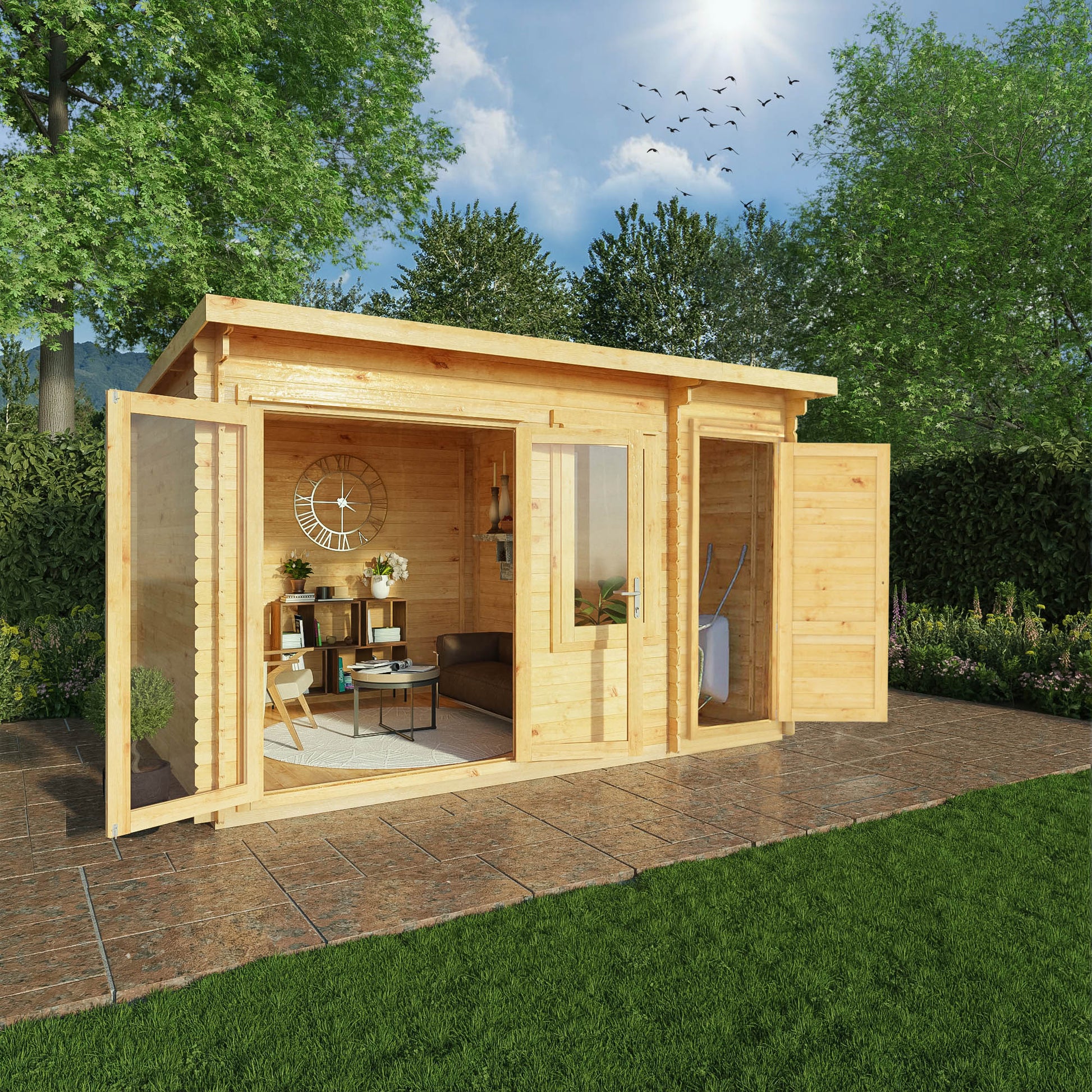 4.1M X 3M Elite Pent Log Cabin With Side Shed - 28Mm