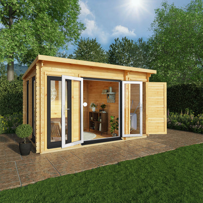 4.1M X 3M Studio Pent Log Cabin With Side Shed - 44Mm  (Upvc Windows & Door) - Grey