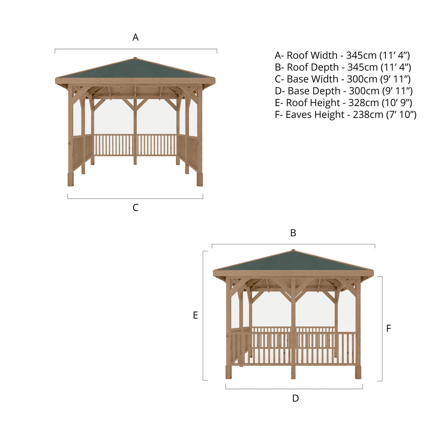 Pressure Treated Gazebo With Roof 3M X 3M With 6X Framed Rails