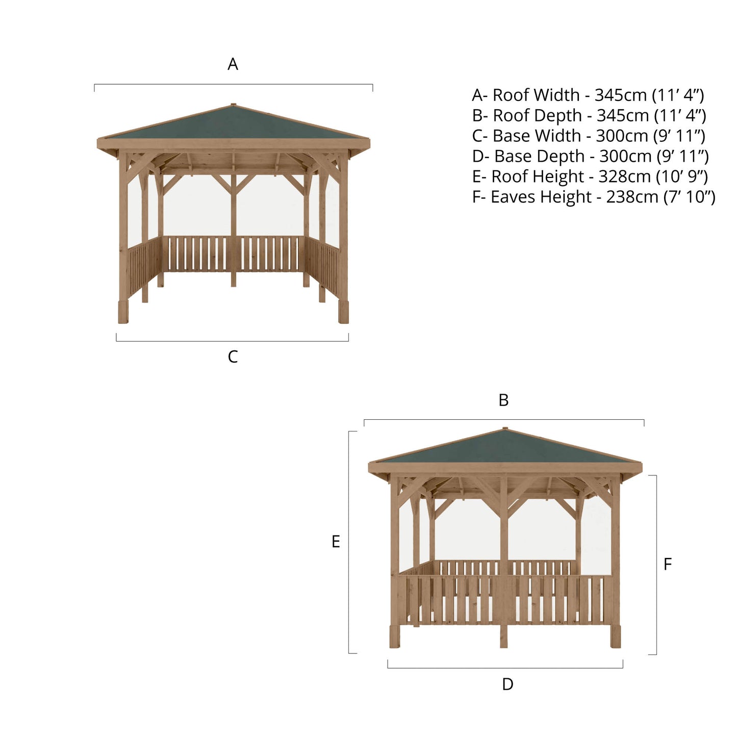 Pressure Treated Gazebo With Roof 3M X 3M With 6X Vertical Strip Rails