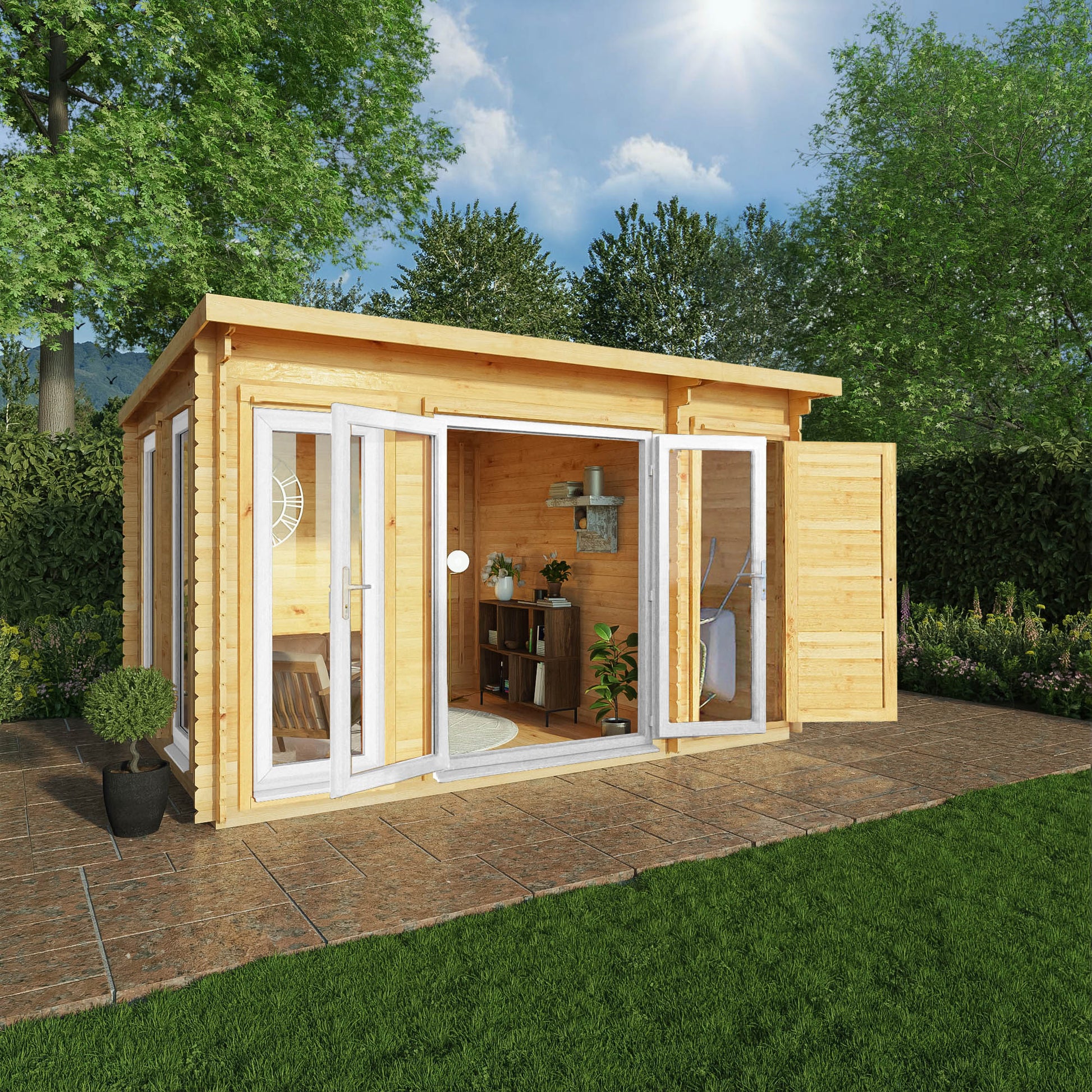 4.1M X 3M Studio Pent Log Cabin With Side Shed - 44Mm  (Upvc Windows & Door) - White