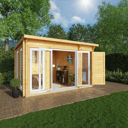 4.1M X 3M Studio Pent Log Cabin With Side Shed - 44Mm  (Upvc Windows & Door) - White