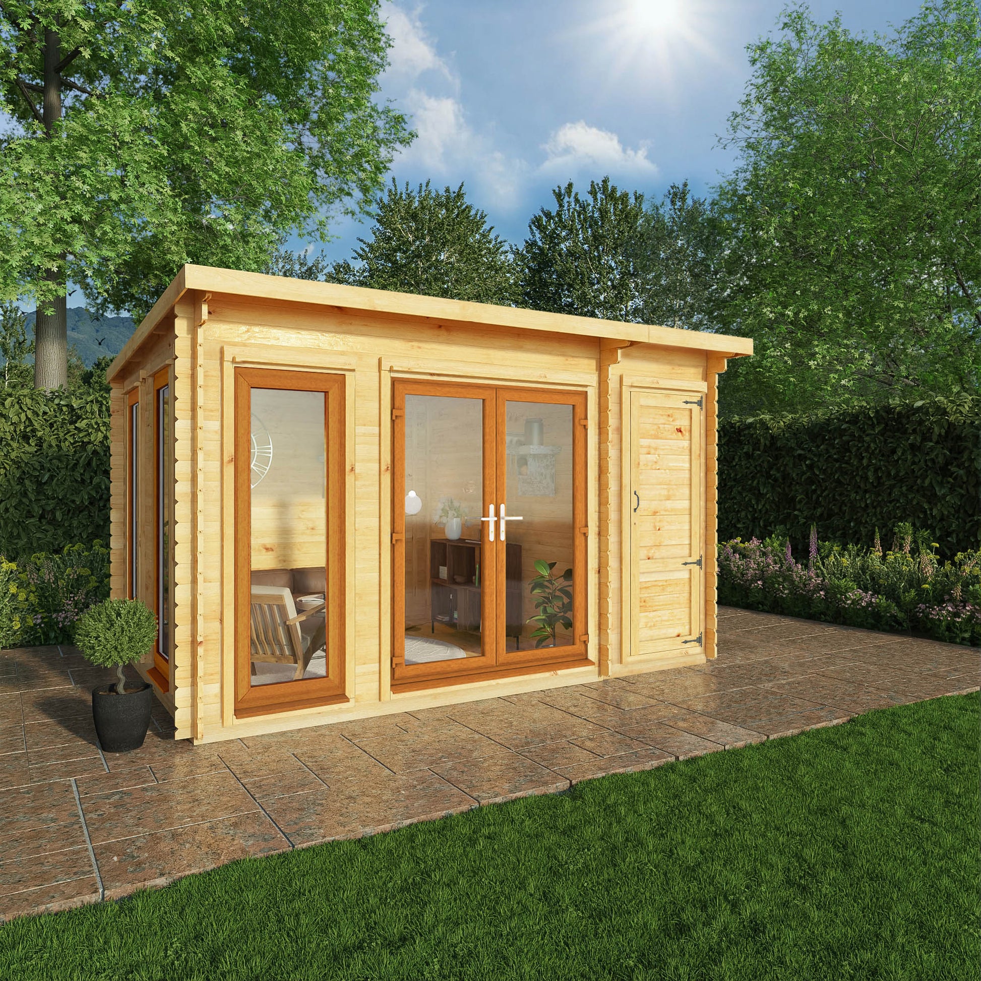 4.1M X 3M Studio Pent Log Cabin With Side Shed - 44Mm  (Upvc Windows & Door) - Oak