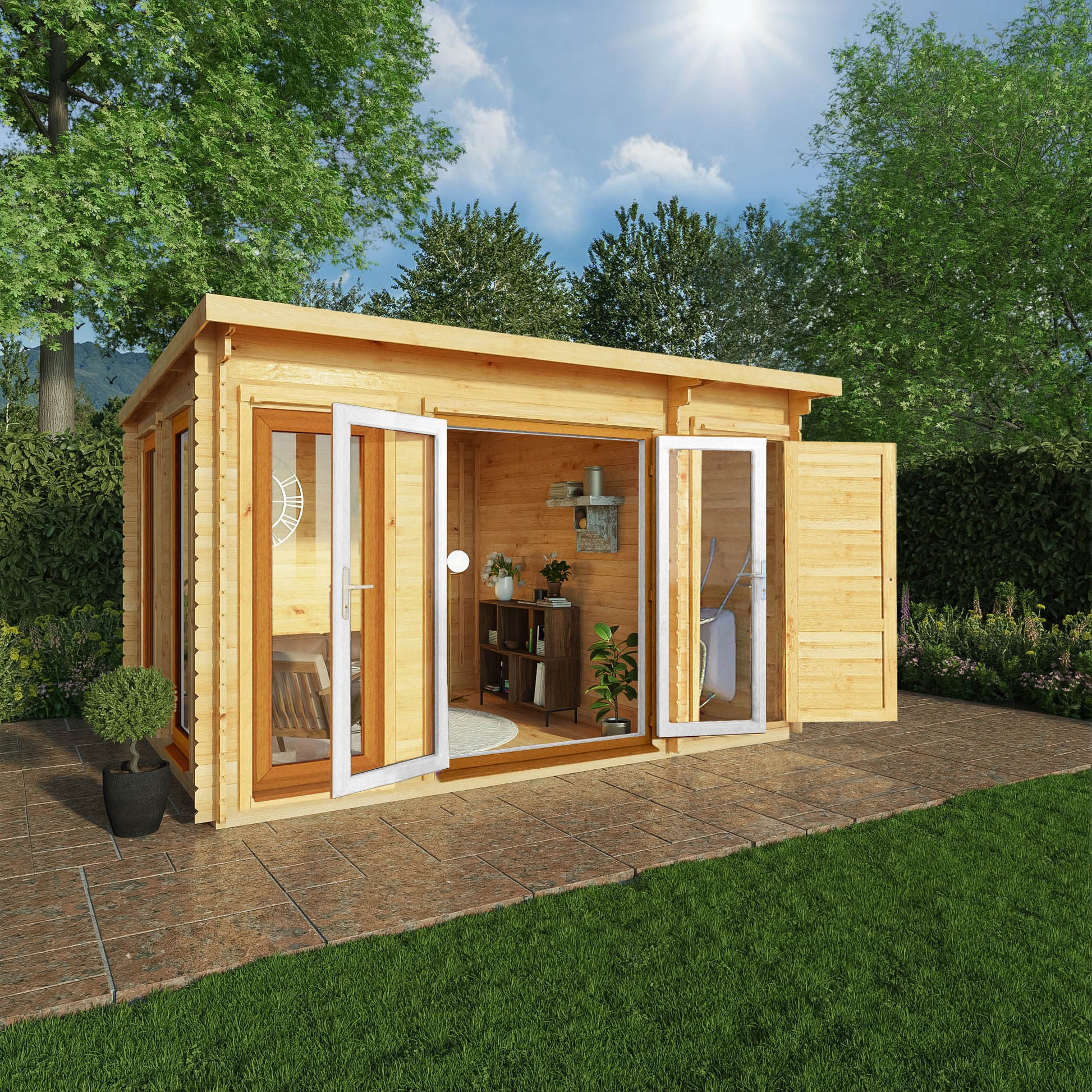 4.1M X 3M Studio Pent Log Cabin With Side Shed - 44Mm  (Upvc Windows & Door) - Oak