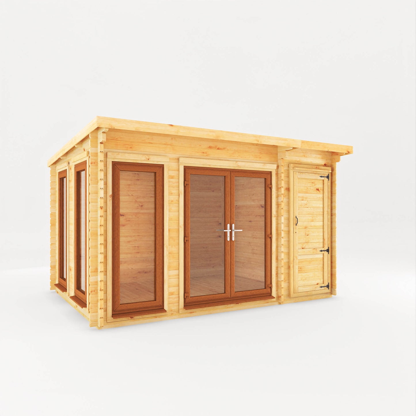 4.1M X 3M Studio Pent Log Cabin With Side Shed - 44Mm  (Upvc Windows & Door) - Oak