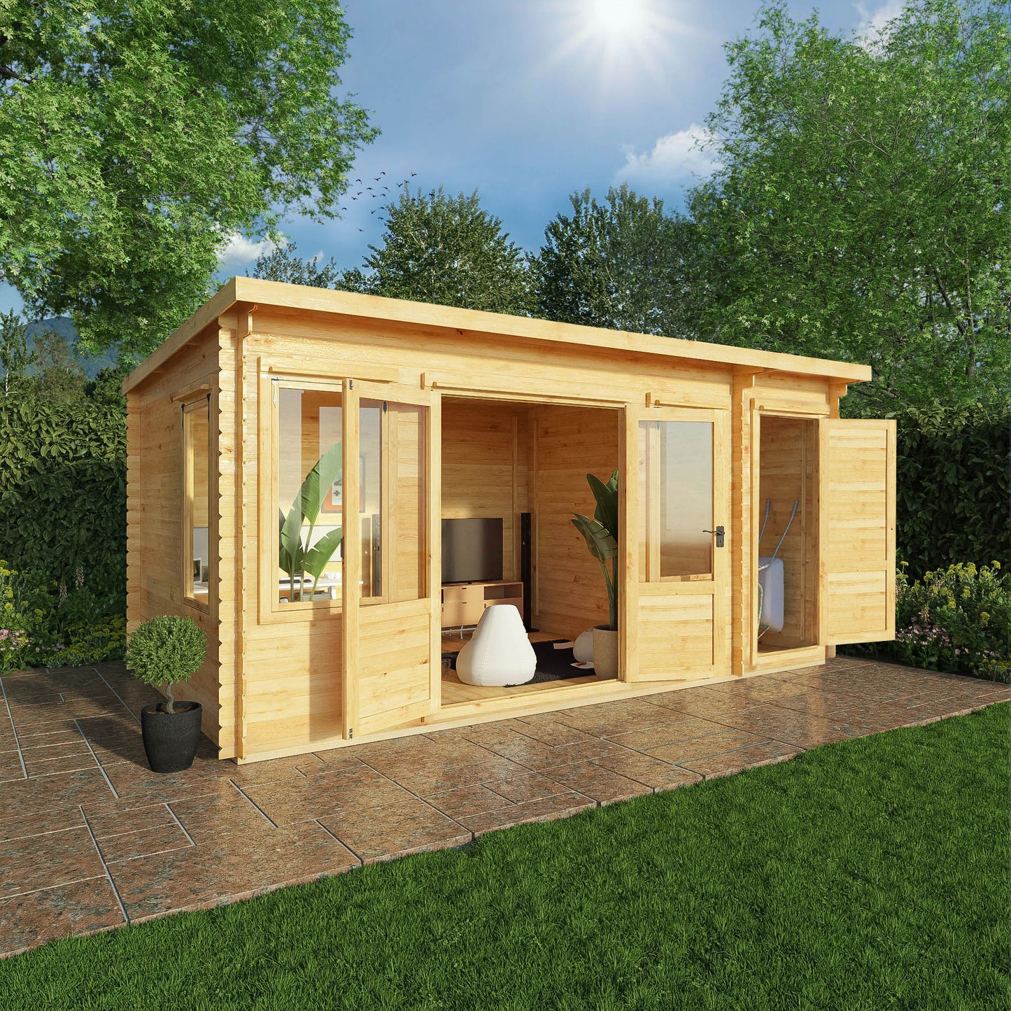 5.1M X 3M Pent Log Cabin With Side Shed - 19Mm