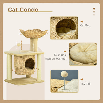 PawHut Cat Tree for Indoor Cats with Scratching Posts, Cat House, Bed, Toy Ball, Beige