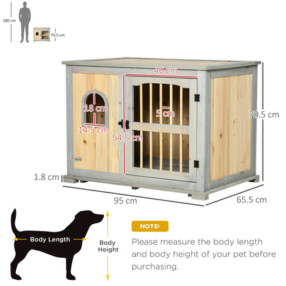 PawHut Wooden Dog Crate, End Table w/ Lockable Door and Window for Small and Medium Dog, Grey and Yellow, 95 x 65.5 x 70.5cm