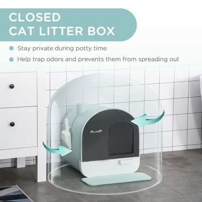 PawHut Cat Litter Box Kitten Litter Tray with Hood Scoop Filter Flap Door, 43x44x47 cm, Green