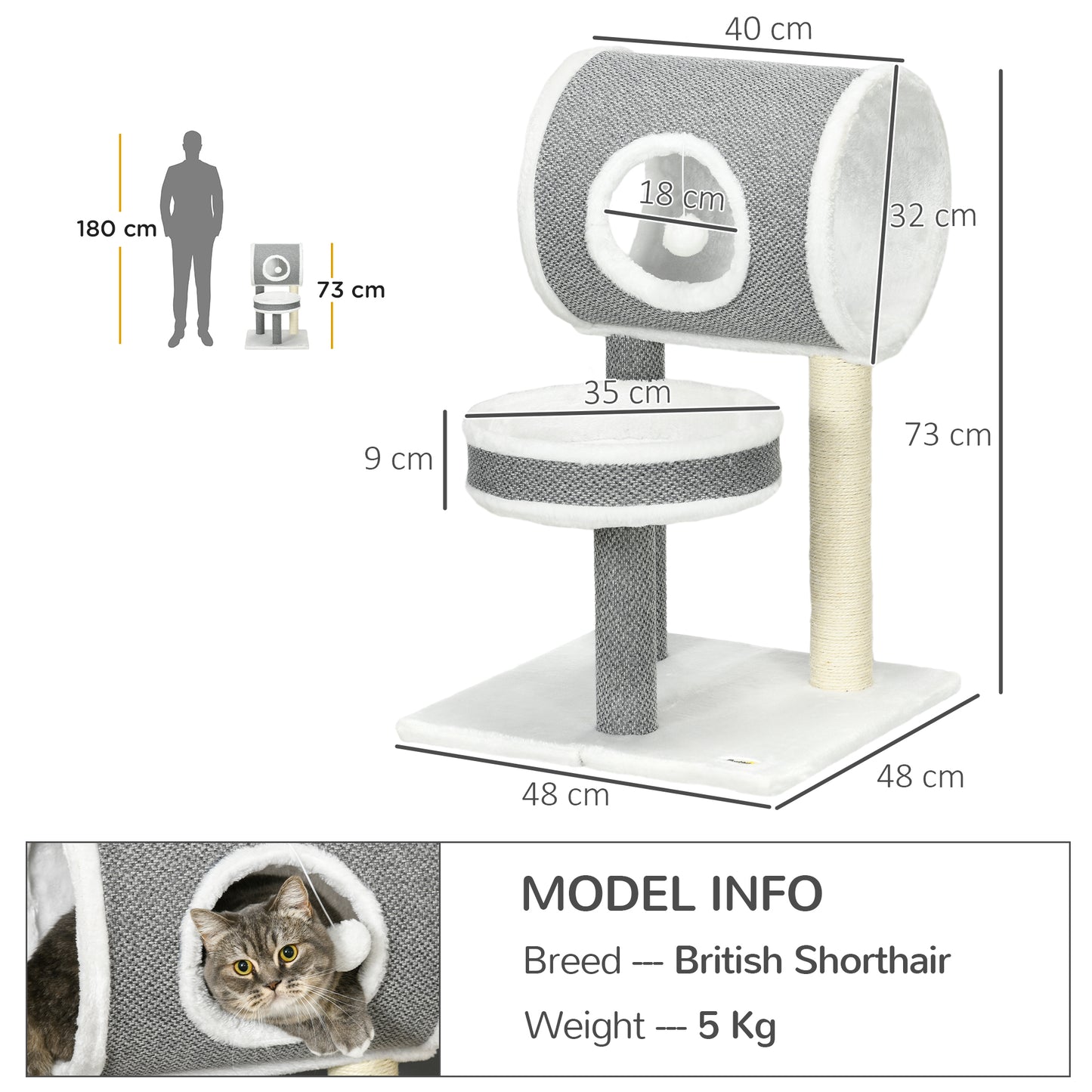 PawHut Cat Tree for Indoor Cats with Scratching Post, Bed, Tunnel, Toy Ball, 48 x 48 x 73 cm, White