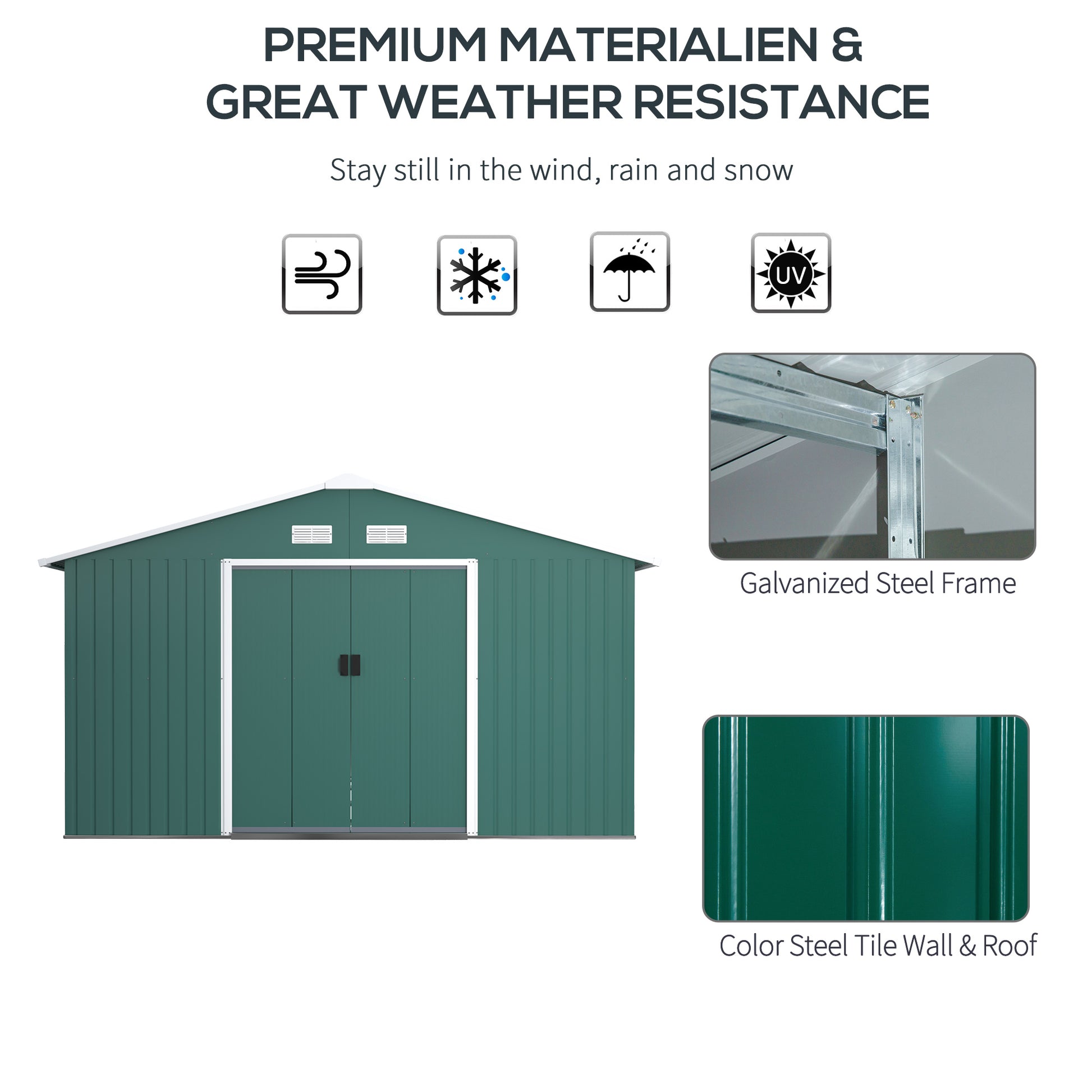 outsunny-13-x-11-ft-metal-garden-shed-large-patio-roofed-tool-storage-box-with-ventilation-and-sliding-door-deep-green