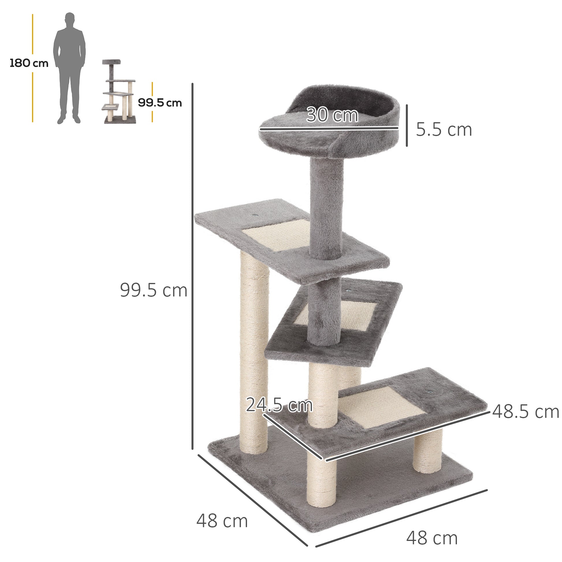 PawHut Cat Tower Kitten Scratch Scratching Scratcher Sisal Post Climbing Tower Activity Centre Grey