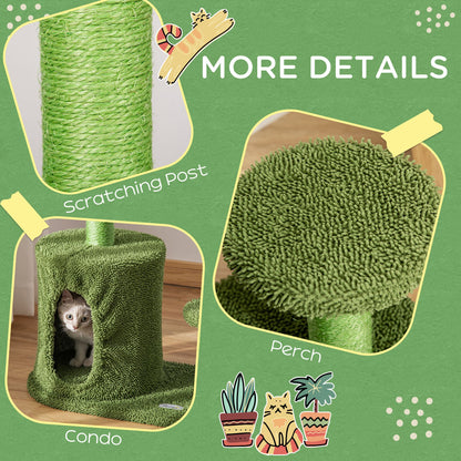 PawHut Cat Tree Tower Cactus Shape with Scratching Post Condo Perch Dangling Ball Kitten Toy Play House Activity Center