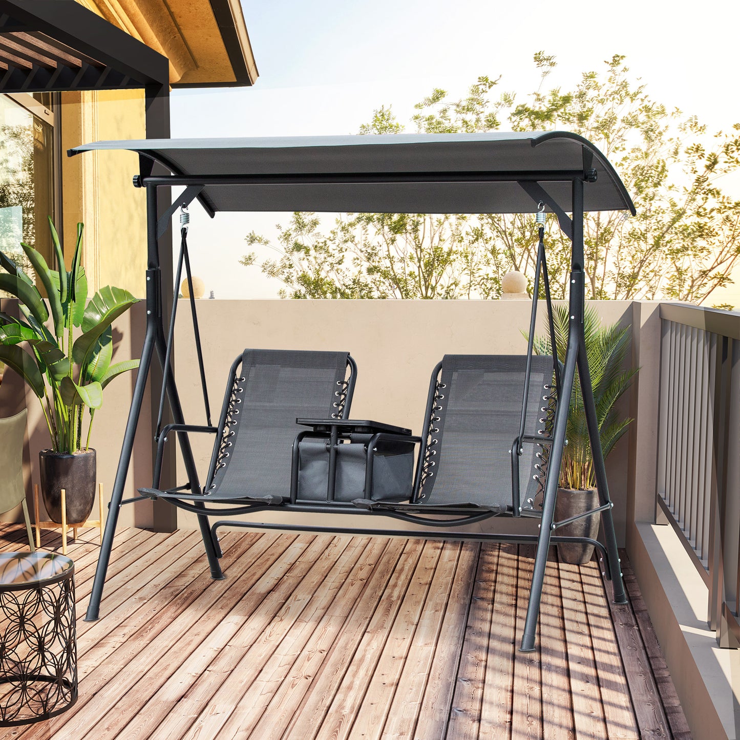 outsunny-2-seater-swing-chair-steel-frame-adjustable-canopy-texteline-garden-swing-seat-w-middle-table-cup-holders-heavy-duty-outdoor-patio-grey