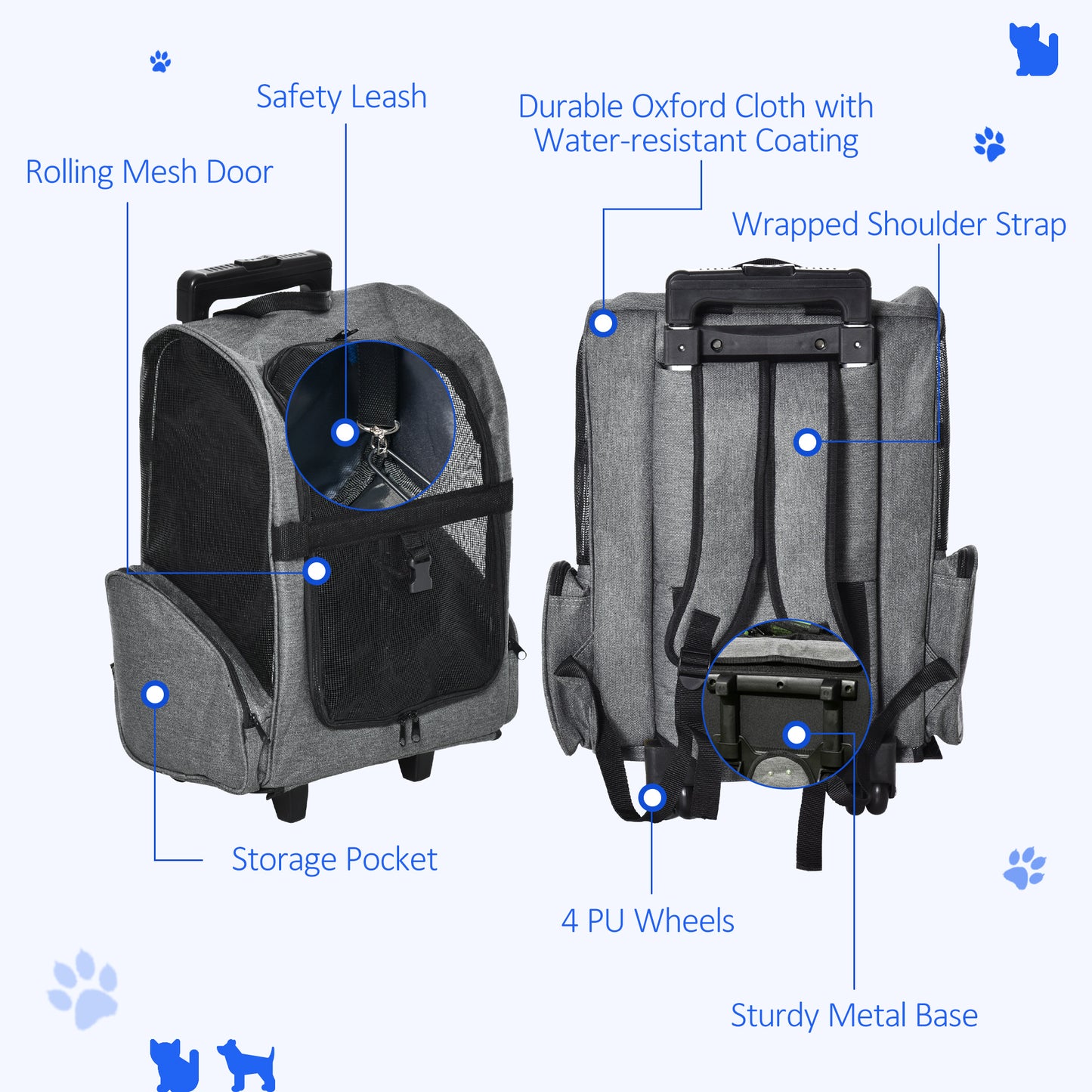 PawHut Travel Bag for Dogs Pet Carry Backpack w/ Trolley and Telescopic Handle Portable Stroller Wheel Luggage Bag, Grey