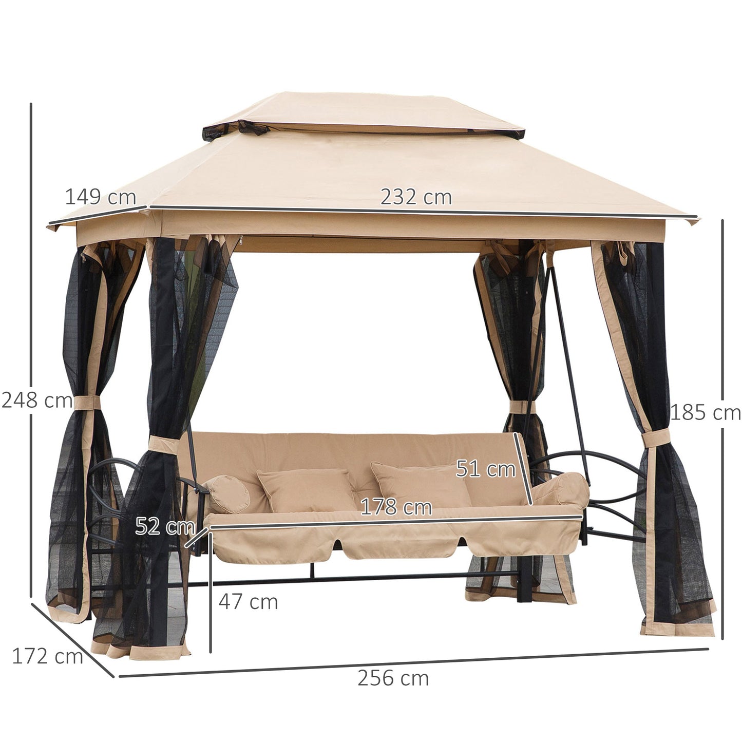 outsunny-3-seater-swing-chair-3-in-1-convertible-hammock-bed-gazebo-patio-bench-outdoor-with-double-tier-canopy-cushioned-seat-mesh-sidewalls-beige