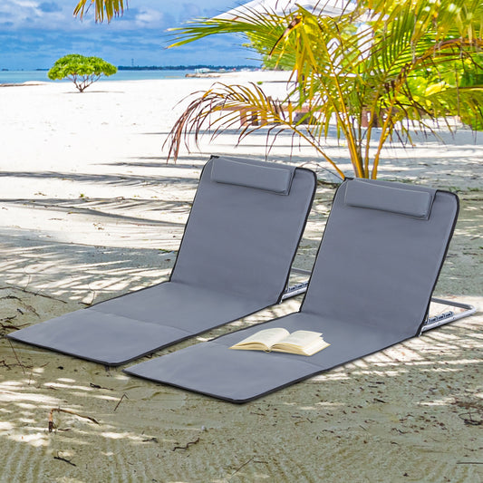 outsunny-set-of-2-foldable-garden-beach-chair-mat-lightweight-outdoor-sun-lounger-seats-adjustable-back-metal-frame-pe-fabric-head-pillow-grey