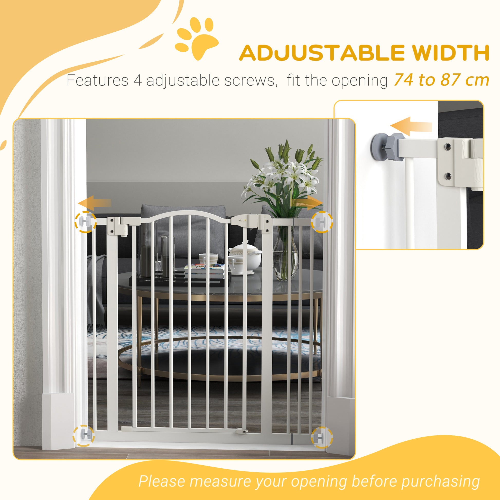 PawHut Metal 74-87cm Adjustable Pet Gate Safety Barrier w/ Auto-Close Door White