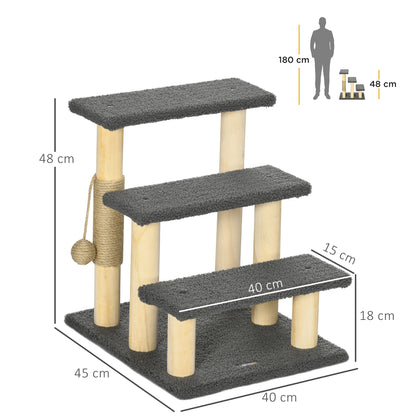 PawHut 48cm Cat Tree, 3-Layer Kitty Ladder, Cat Climbing Toy, Cat Tower with Ball Toy Jute Scratching Post, Grey