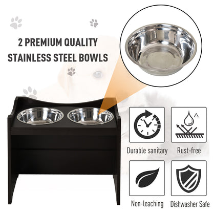 PawHut Elevated Duo Pet Feeder w/ 2 Stainless Steel Bowls MDF Frame Adjustable Shelf Handles Raised Dog Cat Food Drink 47x54cm Brown