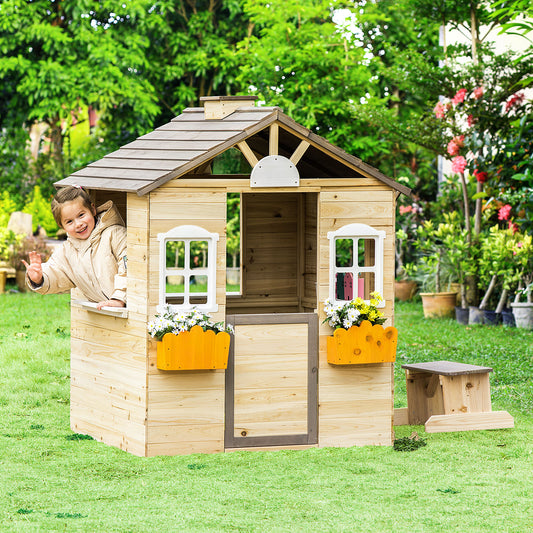 outsunny-wooden-kids-playhouse-outdoor-garden-games-cottage-with-working-door-windows-bench-service-station-flowers-pot-holder-for-3-7-years-old