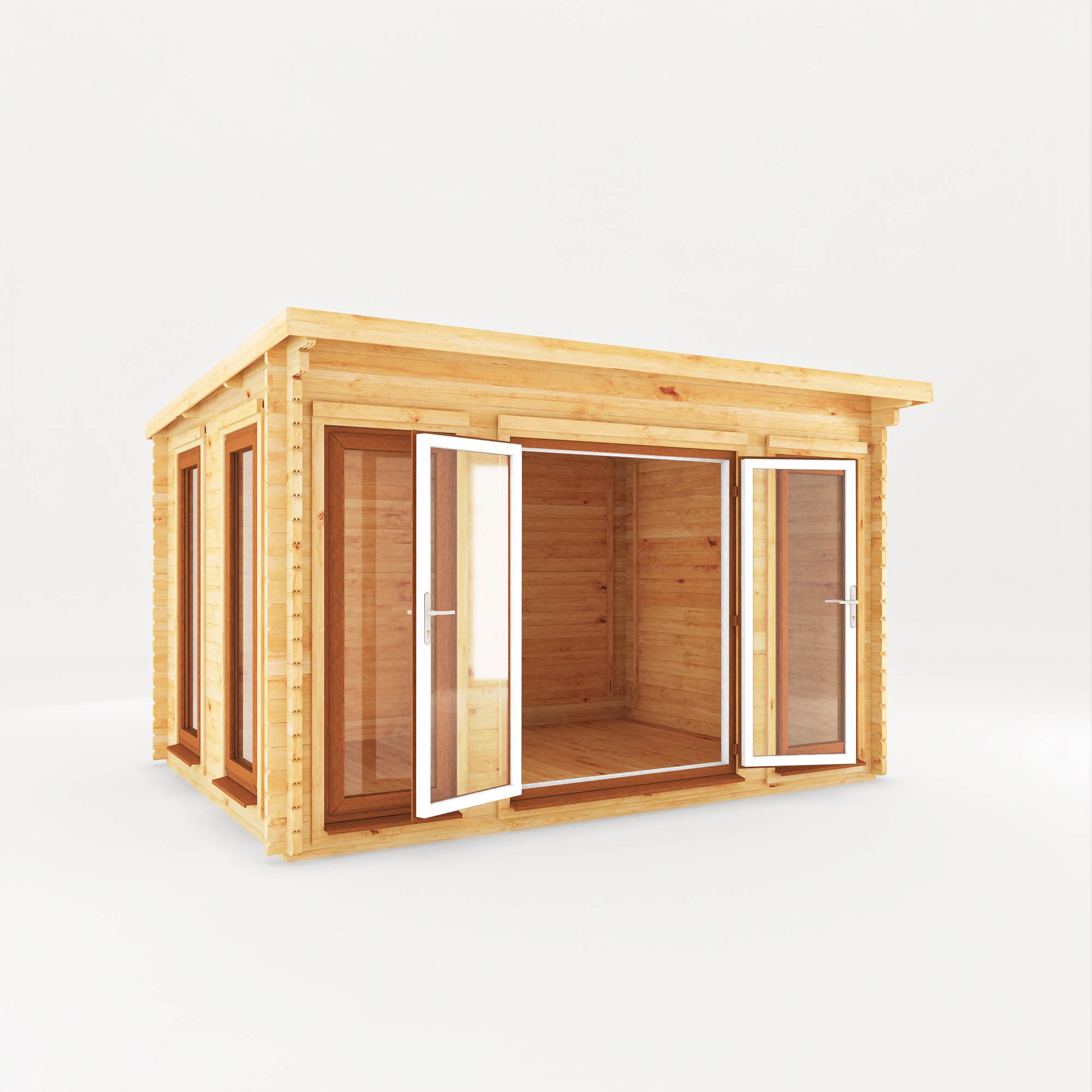 4M X 3M Studio Pent Log Cabin - 44Mm (Upvc Windows & Door) - Oak