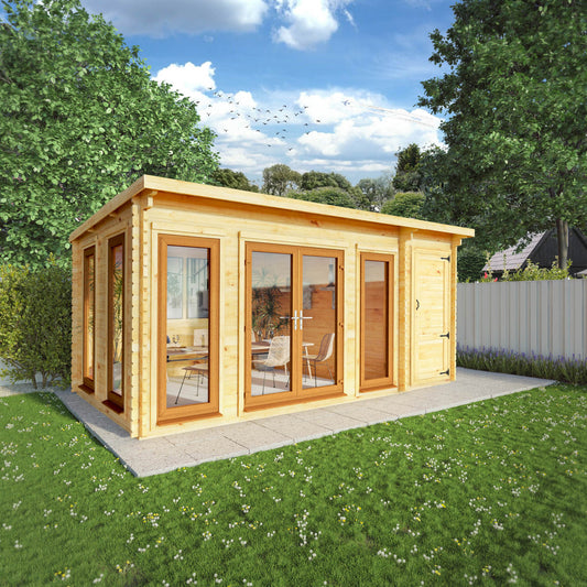 5.1M X 3M Studio Pent Log Cabin With Side Shed - 44Mm  (Upvc Windows & Door) - Oak