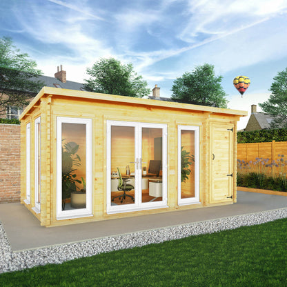 5.1M X 3M Studio Pent Log Cabin With Side Shed - 44Mm  (Upvc Windows & Door) - White